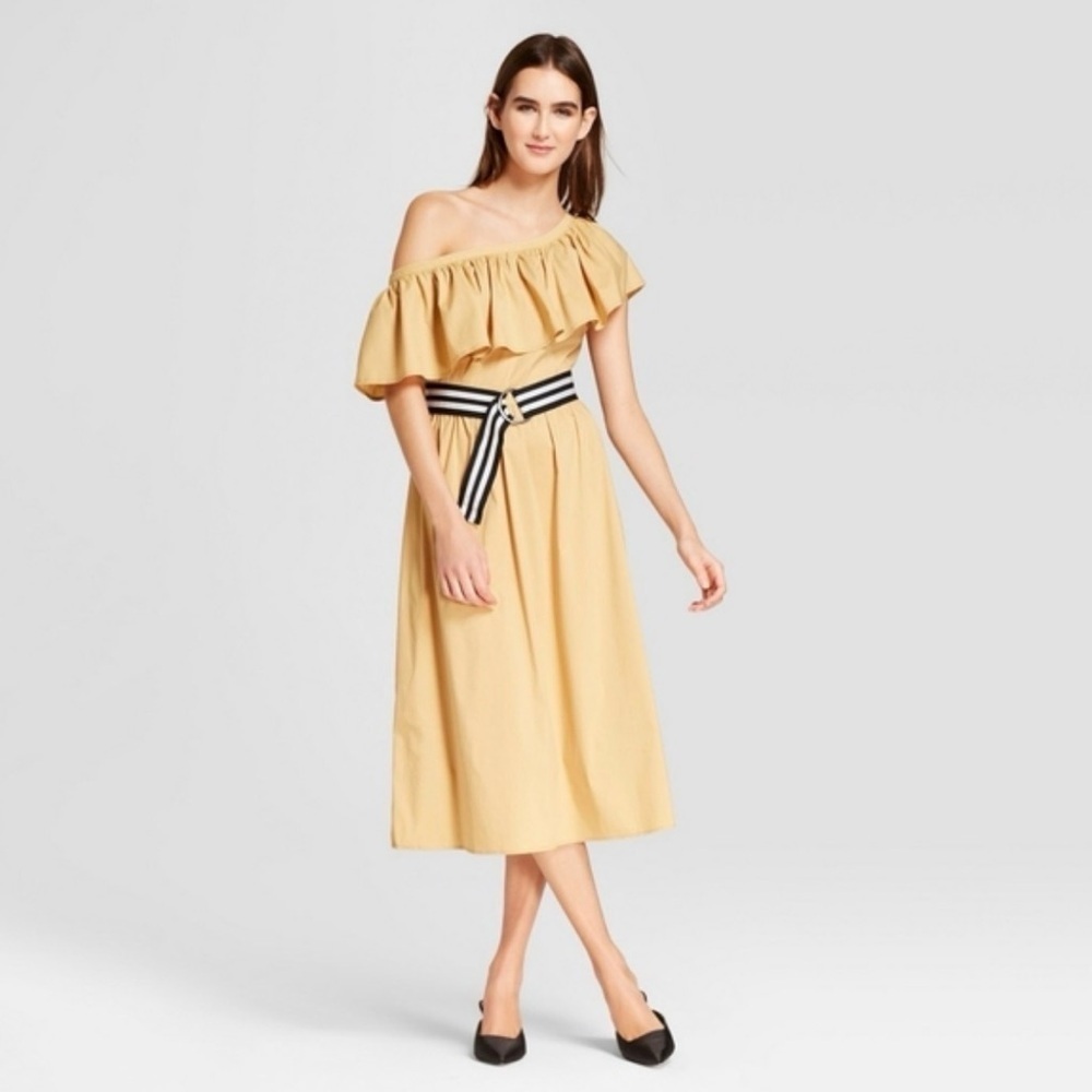 Who What Wear One Shoulder Beige Midi Dress with Black and White Belt, Size L